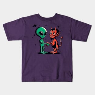 Alien and devil shaking hands Kids T-Shirt